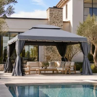 Outsunny 13' x 10' Patio Gazebo, Double Roof Outdoor Gazebo Canopy Shelter with Netting & Curtains, Strong Aluminum Frame, Dark Grey(m-1)