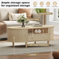 Versatile Oval Coffee Table with Roll-Top Door and Drawer, Spacious Center Table with Open Shelf, 39.5" L x 19.5" W x 14" H, Natural Wood(m-4)