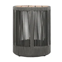 Outdoor Side Table with Rope-Wrapped Iron Frame, Sturdy End Table with Rustic-Modern Design, 15" L x 15" W x 18.5" H, Grey+Natural+Teak(m-10)