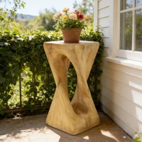 Sculptural MGO Accent Table with Unique Wood-Grain Texture, All-Weather Side Table with 200 Lbs Capacity, 12.5" L x 12.5" W x 27" H, Natural(m-1)