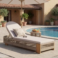Outdoor Chaise Lounge Chair with Water-Resistant Cushion, Durable Sun Lounger with Rope Detailing, 79.5" L x 28.5" W x 12" H, Beige+Natural+Teak(m-1)