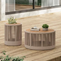 2-Piece Side Table Set with Woven Rope Design, Outdoor Round Table Set for Patio and Poolside, 41" L x 41" W x 32.5" H, Beige+Natural+Teak(m-6)