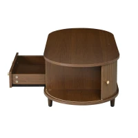 Versatile Oval Coffee Table with Roll-Top Door and Drawer, Spacious Center Table with Open Shelf, 39.5" L x 19.5" W x 14" H, Walnut(m-10)
