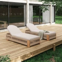 Outdoor Chaise Lounge Chair with Water-Resistant Cushion, Durable Sun Lounger with Rope Detailing, 79.5" L x 28.5" W x 12" H, Beige+Natural+Teak(m-8)