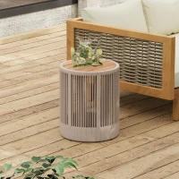 Outdoor Side Table with Rope-Wrapped Iron Frame, Sturdy End Table with Rustic-Modern Design, 15" L x 15" W x 18.5" H, Beige+Natural+Teak(m-1)