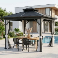 Outsunny 10' x 10' Hardtop Gazebo, Sun Shelter with Double Tier Metal Roof, Mosquito Netting, and Hanging Hook, Light Grey(m-1)