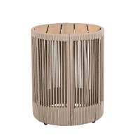 2-Piece Side Table Set with Woven Rope Design, Outdoor Round Table Set for Patio and Poolside, 41" L x 41" W x 32.5" H, Beige+Natural+Teak(m-12)