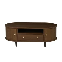 Versatile Oval Coffee Table with Roll-Top Door and Drawer, Spacious Center Table with Open Shelf, 39.5" L x 19.5" W x 14" H, Walnut(m-2)