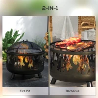 Outsunny Outdoor Metal Fire Pit, 24" Round Firepit Bowl w/ Lid Grill Poker Handles for Garden, Camping, BBQ, Bonfire, Black(m-4)