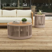 2-Piece Side Table Set with Woven Rope Design, Outdoor Round Table Set for Patio and Poolside, 41" L x 41" W x 32.5" H, Beige+Natural+Teak(m-5)