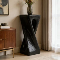 Sculptural MGO Accent Table with Unique Wood-Grain Texture, All-Weather Side Table with 200 Lbs Capacity, 12.5" L x 12.5" W x 27" H, Black(m-5)