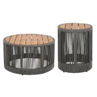2-Piece Side Table Set with Woven Rope Design, Outdoor Round Table Set for Patio and Poolside, 41" L x 41" W x 32.5" H, Grey+Natural+Teak(m-2)