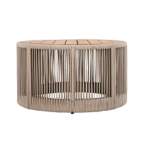 2-Piece Side Table Set with Woven Rope Design, Outdoor Round Table Set for Patio and Poolside, 41" L x 41" W x 32.5" H, Beige+Natural+Teak(m-11)