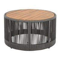 2-Piece Side Table Set with Woven Rope Design, Outdoor Round Table Set for Patio and Poolside, 41" L x 41" W x 32.5" H, Grey+Natural+Teak(m-11)