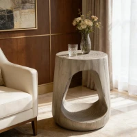 Hollow Side Table with Realistic Wood-Grain Texture, Pet-Friendly End Table with Weather-Resistant Composite, 14.5" L x 14.5" W x 16.5" H, Grey(m-5)