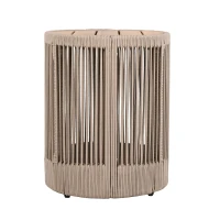Outdoor Side Table with Rope-Wrapped Iron Frame, Sturdy End Table with Rustic-Modern Design, 15" L x 15" W x 18.5" H, Beige+Natural+Teak(m-10)