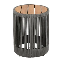 Outdoor Side Table with Rope-Wrapped Iron Frame, Sturdy End Table with Rustic-Modern Design, 15" L x 15" W x 18.5" H, Grey+Natural+Teak(m-2)
