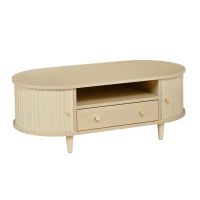 Versatile Oval Coffee Table with Roll-Top Door and Drawer, Spacious Center Table with Open Shelf, 39.5" L x 19.5" W x 14" H, Natural Wood(m-12)