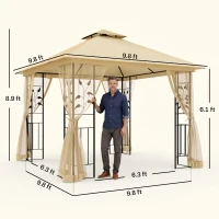 Outsunny 10' x 10' Metal Patio Gazebo, Double Roof Outdoor Gazebo Canopy Shelter with Tree Motifs Corner Frame and Netting, for Garden, Lawn, Backyard, and Deck, Beige(m-3)