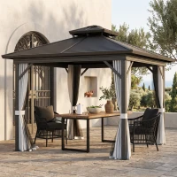 Outsunny 10' x 10' Hardtop Gazebo, Sun Shelter with Double Tier Metal Roof, Mosquito Netting, and Hanging Hook, Light Grey(m-8)