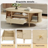 Versatile Oval Coffee Table with Roll-Top Door and Drawer, Spacious Center Table with Open Shelf, 39.5" L x 19.5" W x 14" H, Natural Wood(m-6)