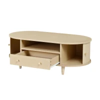 Versatile Oval Coffee Table with Roll-Top Door and Drawer, Spacious Center Table with Open Shelf, 39.5" L x 19.5" W x 14" H, Natural Wood(m-11)