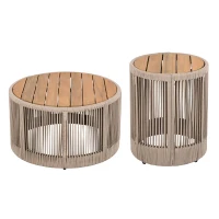 2-Piece Side Table Set with Woven Rope Design, Outdoor Round Table Set for Patio and Poolside, 41" L x 41" W x 32.5" H, Beige+Natural+Teak(m-2)
