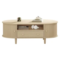 Versatile Oval Coffee Table with Roll-Top Door and Drawer, Spacious Center Table with Open Shelf, 39.5" L x 19.5" W x 14" H, Natural Wood(m-2)