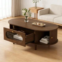 Living Room Coffee Table with Roll-Up Door Storage, Minimalist Center Table with MDF Veneer Top, 39.5" L x 19.5" W x 14" H, Walnut Wood(m-7)