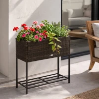 Outsunny Rattan Raised Garden Boxes, Elevated Flower Beds with Storage Shelf for Herbs, Flowers, Vegetables, Brown(m-1)
