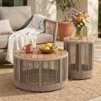 2-Piece Side Table Set with Woven Rope Design, Outdoor Round Table Set for Patio and Poolside, 41" L x 41" W x 32.5" H, Beige+Natural+Teak(m-1)