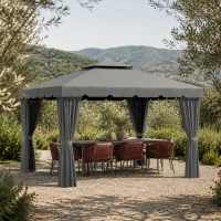 Outsunny 10' x 10' Outdoor Patio Gazebo Double Soft-top Garden Shelter Tent with Curtains, & Mesh Screen Drapes, Light Grey(m-8)