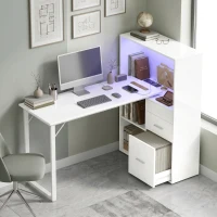 HOMCOM 54" Computer Desk with Drawers, Home Office Desk with Storage, Power Outlets and LED Lights, White(m-1)