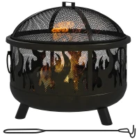 Outsunny Outdoor Metal Fire Pit, 24" Round Firepit Bowl w/ Lid Grill Poker Handles for Garden, Camping, BBQ, Bonfire, Black(m-9)
