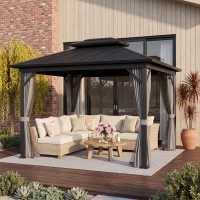 Outsunny 10' x 12' Hardtop Gazebo, Sun Shelter with Double Tier Metal Roof, Mosquito Netting, and Hanging Hook, Light Grey(m-1)