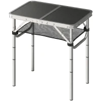 Outsunny 2ft Folding Camping Table, Picnic Table with Mesh Storage Layer, 4 Adjustable Heights and Carrying Handle, Black(m-2)