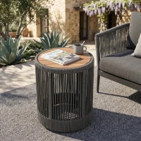 Outdoor Side Table with Rope-Wrapped Iron Frame, Sturdy End Table with Rustic-Modern Design, 15" L x 15" W x 18.5" H, Grey+Natural+Teak(m-4)