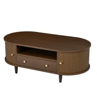 Versatile Oval Coffee Table with Roll-Top Door and Drawer, Spacious Center Table with Open Shelf, 39.5" L x 19.5" W x 14" H, Walnut(m-12)