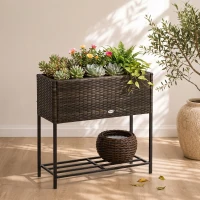 Outsunny Rattan Raised Garden Boxes, Elevated Flower Beds with Storage Shelf for Herbs, Flowers, Vegetables, Brown(m-7)
