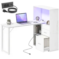 HOMCOM 54" Computer Desk with Drawers, Home Office Desk with Storage, Power Outlets and LED Lights, White(m-13)
