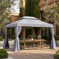 Outsunny 13' x 10' Patio Gazebo Canopy with 2-Tier Polyester Roof, Vented Mesh Sidewall & Strong Aluminum Frame, Grey(m-1)