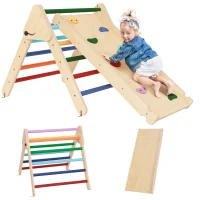 Qaba Pikler Triangle Set, 3 in 1 Climbing Toys with Ramp for Toddlers, Nature Wood(m-9)