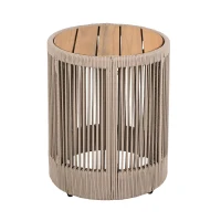 Outdoor Side Table with Rope-Wrapped Iron Frame, Sturdy End Table with Rustic-Modern Design, 15" L x 15" W x 18.5" H, Beige+Natural+Teak(m-2)