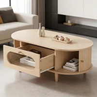 Living Room Coffee Table with Roll-Up Door Storage, Minimalist Center Table with MDF Veneer Top, 39.5" L x 19.5" W x 14" H, Natural Wood(m-7)