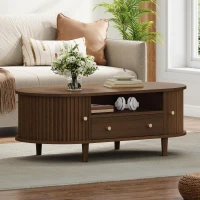 Versatile Oval Coffee Table with Roll-Top Door and Drawer, Spacious Center Table with Open Shelf, 39.5" L x 19.5" W x 14" H, Walnut(m-7)