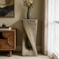 Sculptural MGO Accent Table with Unique Wood-Grain Texture, All-Weather Side Table with 200 Lbs Capacity, 12.5" L x 12.5" W x 27" H, Grey(m-4)