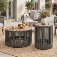 2-Piece Side Table Set with Woven Rope Design, Outdoor Round Table Set for Patio and Poolside, 41" L x 41" W x 32.5" H, Grey+Natural+Teak(m-5)