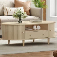 Versatile Oval Coffee Table with Roll-Top Door and Drawer, Spacious Center Table with Open Shelf, 39.5" L x 19.5" W x 14" H, Natural Wood(m-7)