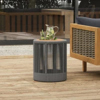 Outdoor Side Table with Rope-Wrapped Iron Frame, Sturdy End Table with Rustic-Modern Design, 15" L x 15" W x 18.5" H, Grey+Natural+Teak(m-5)