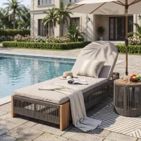 Outdoor Chaise Lounge Chair with Water-Resistant Cushion, Durable Sun Lounger with Rope Detailing, 79.5" L x 28.5" W x 12" H, Grey+Natural+Teak(m-1)